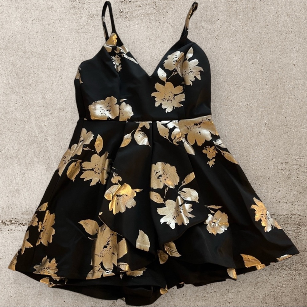 Black and Gold Floral Romper Dress